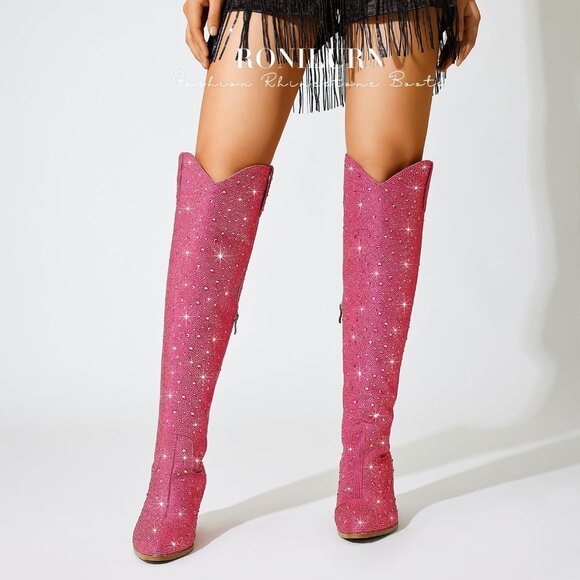 Ronilurn Women Hot Pink Rhinestone Pointed Toe Cowgirl Boot Pull On Side Zipper - Picture 8 of 9